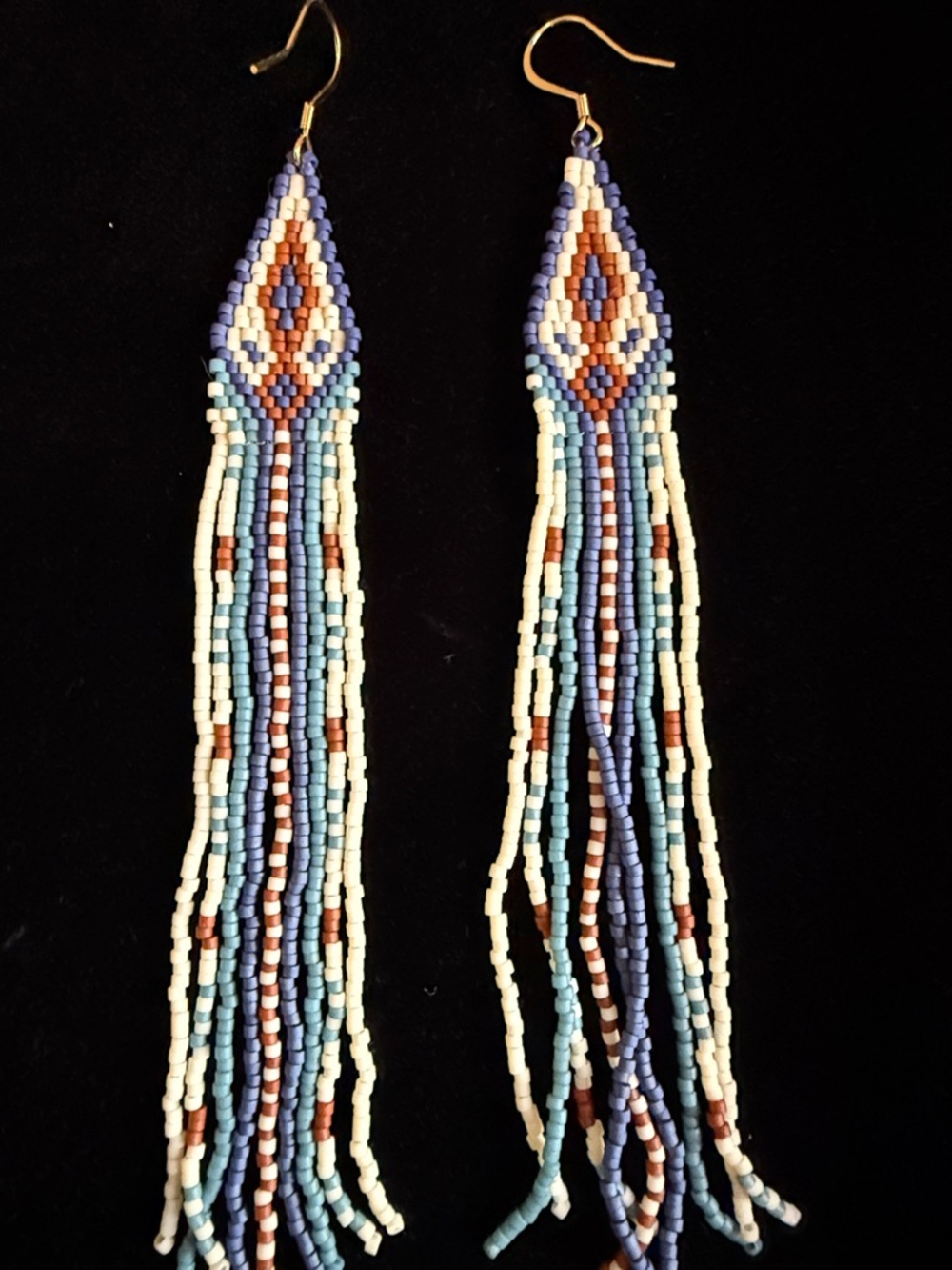 Handmade Fringe Seed Bead Earrings in Blue, Cream & Chocolate